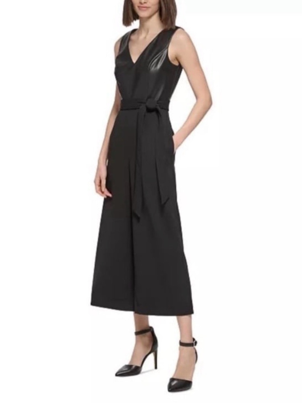 Calvin Klein Black Sleeveless V-Neck Wide-Leg Jumpsuit with Tie Waist